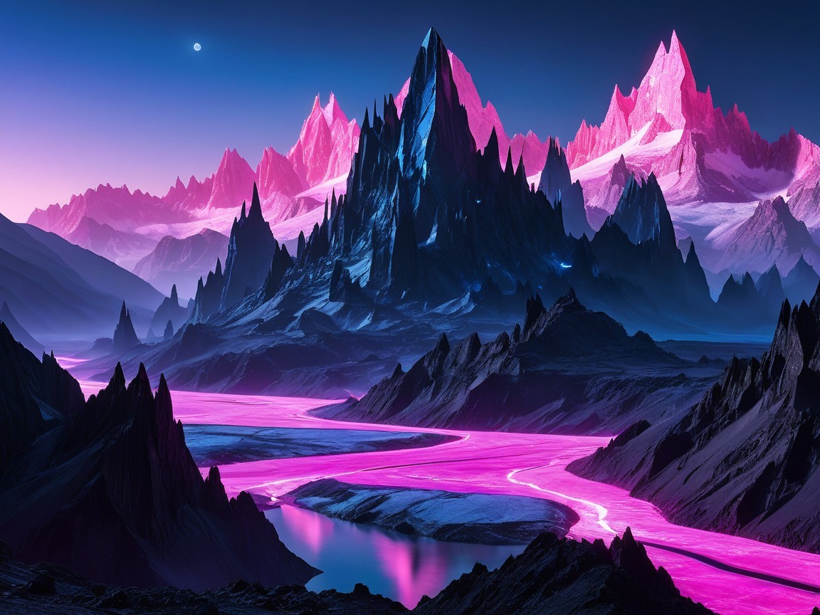 Surreal Landscape with Purple Mountains and Neon River
