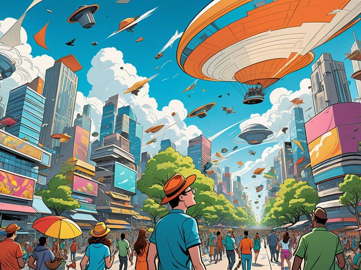 Futuristic Cityscape with Skyscrapers and Flying Vehicles