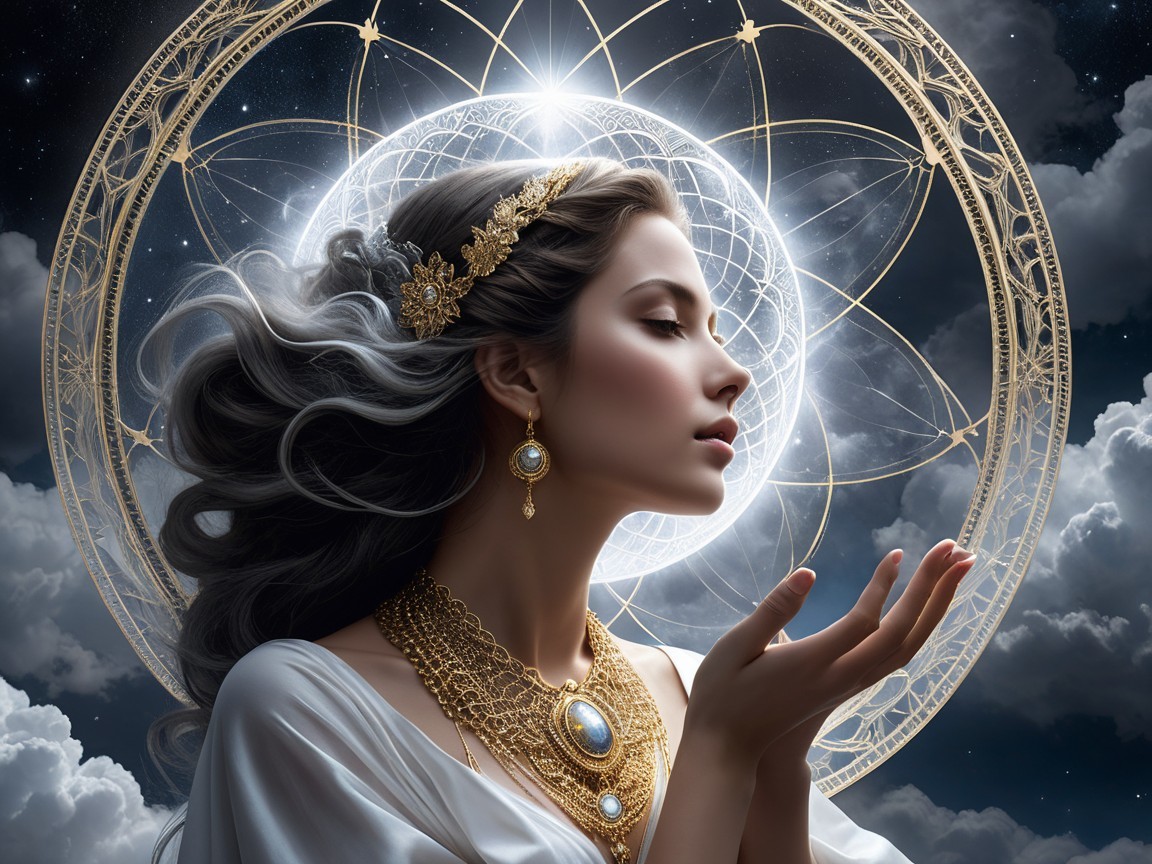 Serene Woman in Cosmic Setting with Elegant Jewelry