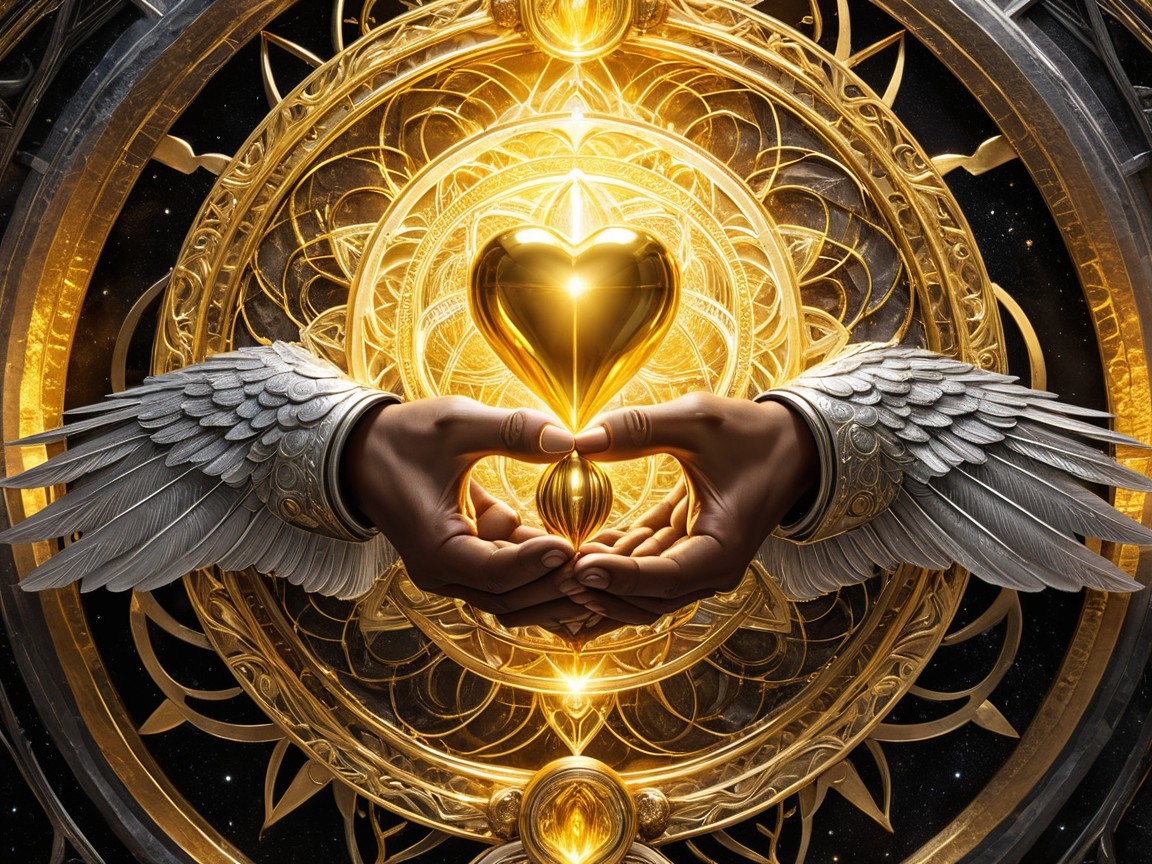 Feathered Wings and Golden Heart in Starry Background