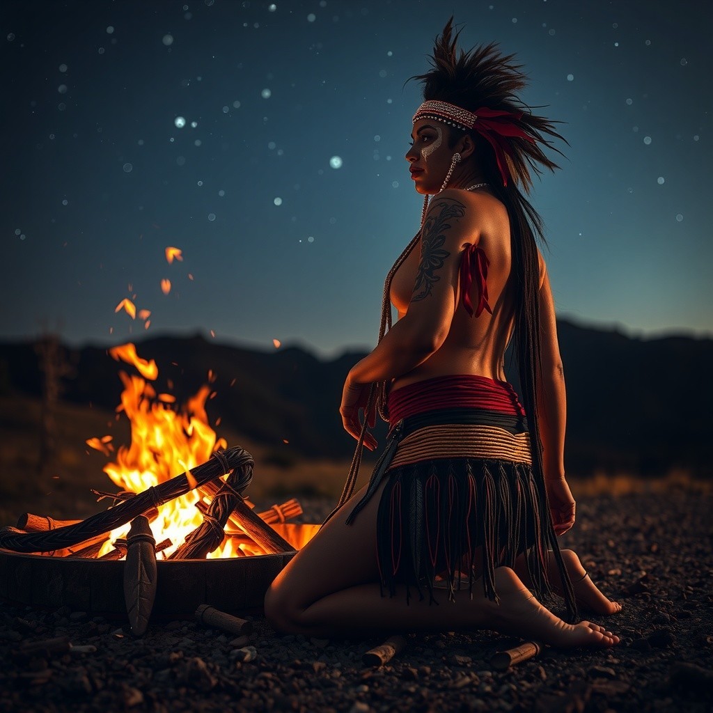 Traditional Attire Woman by Campfire Under Stars