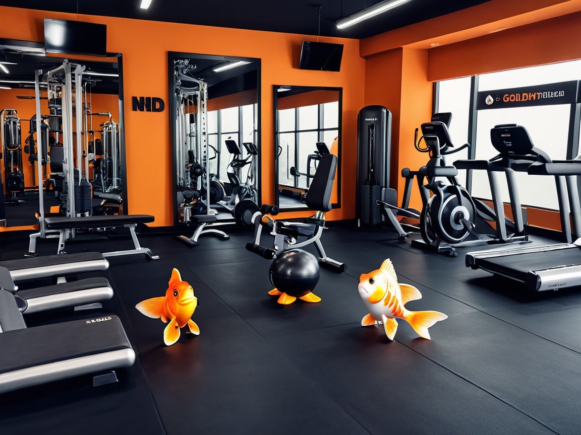 Bright Gym with Exercise Equipment and Goldfish Decor