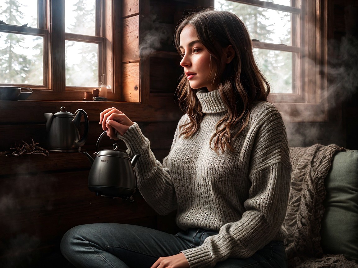 Young Woman in Cozy Cabin with Teapot and Trees
