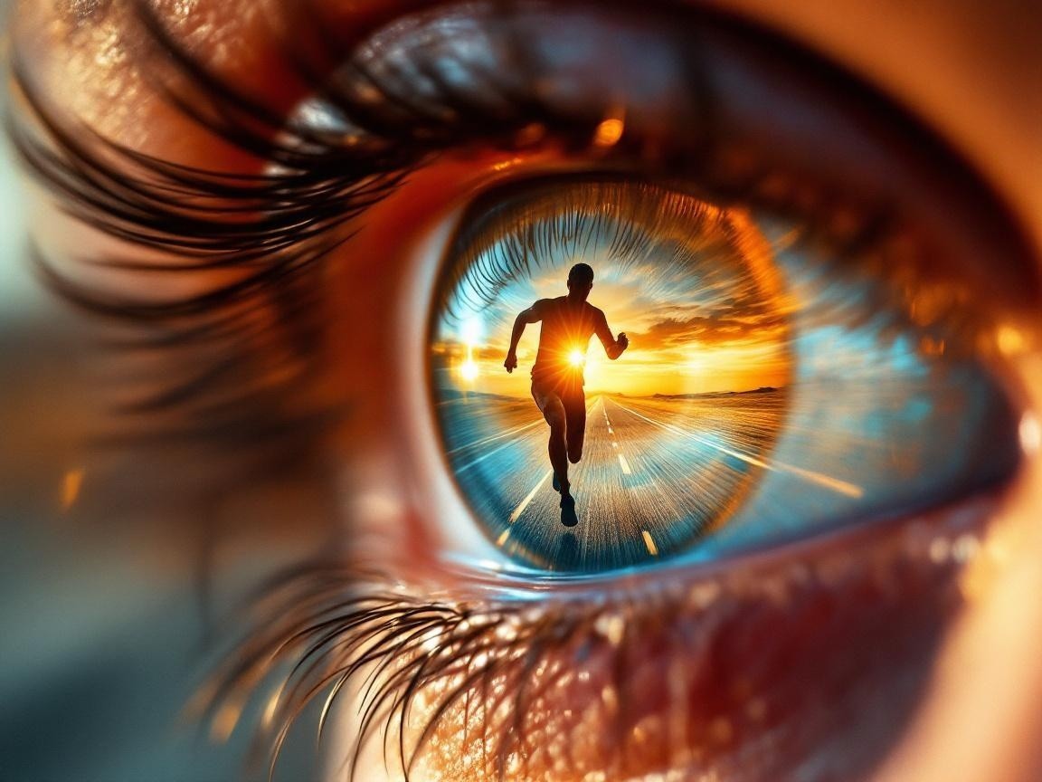 Close-up of an eye with a runner and sunset reflection