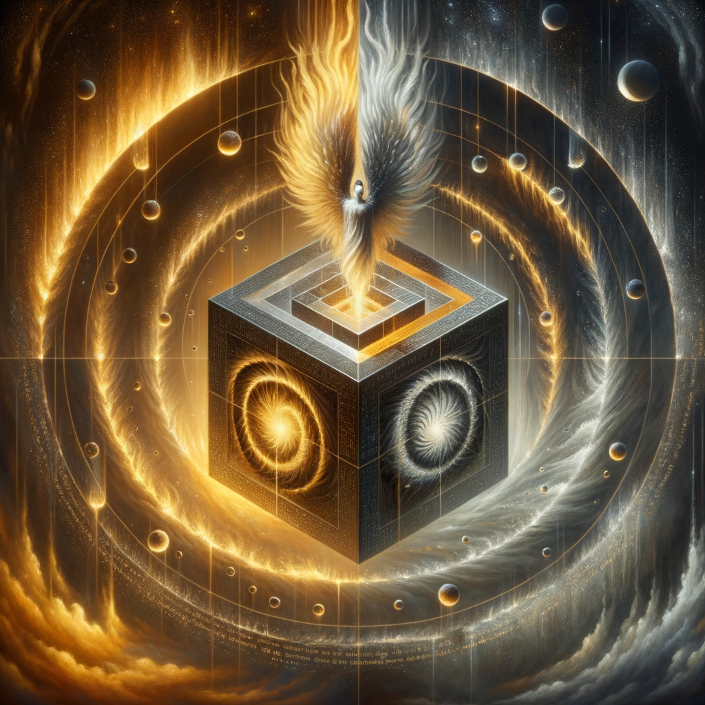 Surreal Cosmic Scene with Cube and Ethereal Figure