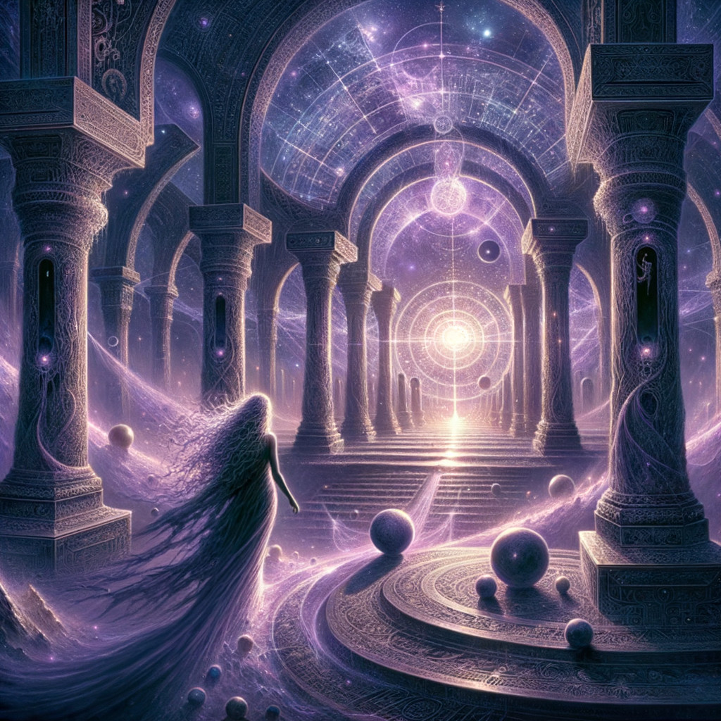 Celestial Hall with Luminous Portal and Ethereal Light