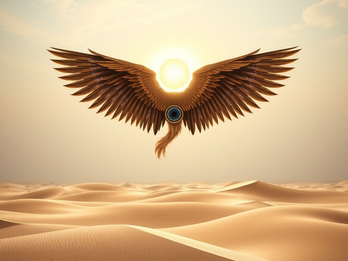 Golden wings against a sunlit desert landscape