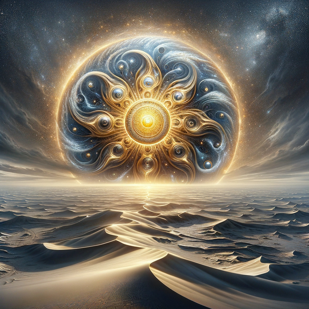 Golden Celestial Orb in Surreal Desert Landscape