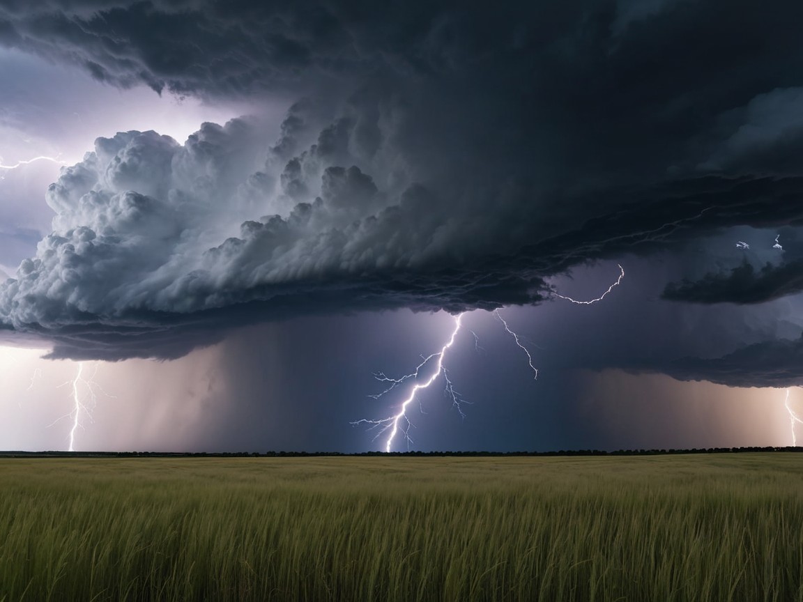 Panoramic View of a Supercell Thunderstorm Over Wheat Field
