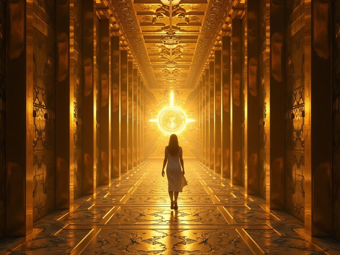 Lone Figure in Golden Corridor with Radiant Light