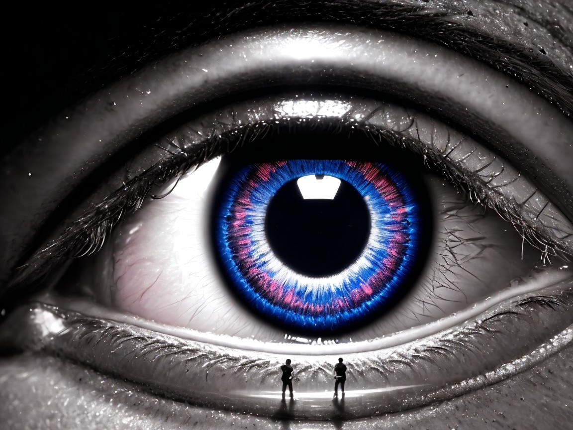 Hyper-realistic eye with blue and purple hues