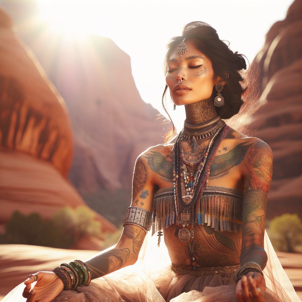 Serene Woman Meditating in Sunlit Canyon Setting
