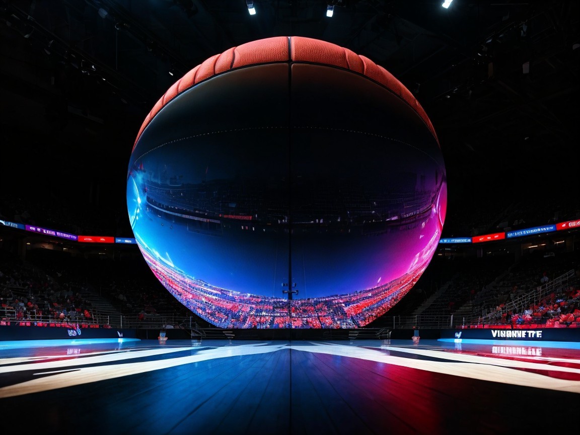 Giant Reflective Basketball in Vibrant Arena Setting