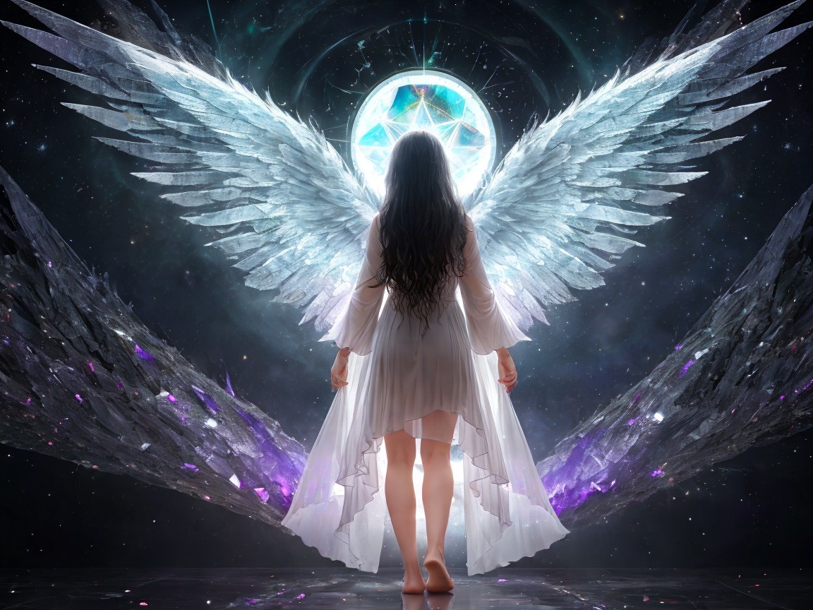 Cosmic Figure with Angelic Wings Against Starry Background