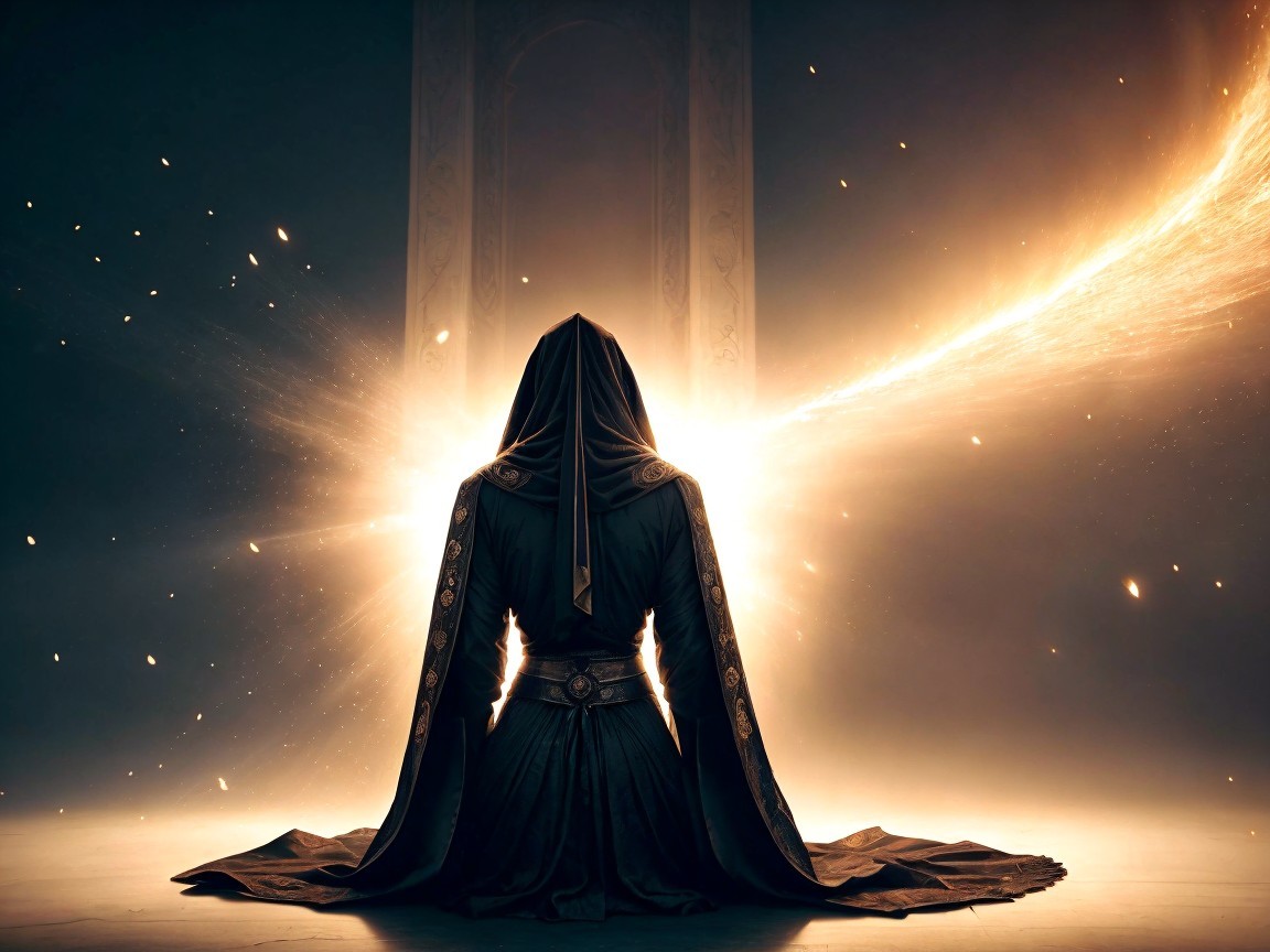 Cloaked Figure in Meditation Against Radiant Light