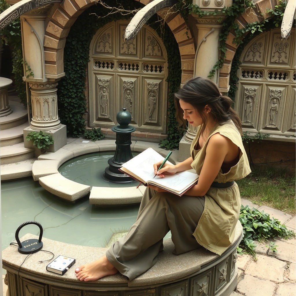 Young woman writing by a tranquil courtyard fountain