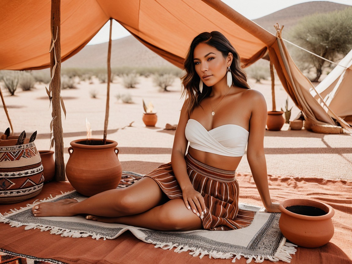Woman in Tent with Pottery and Desert Landscape