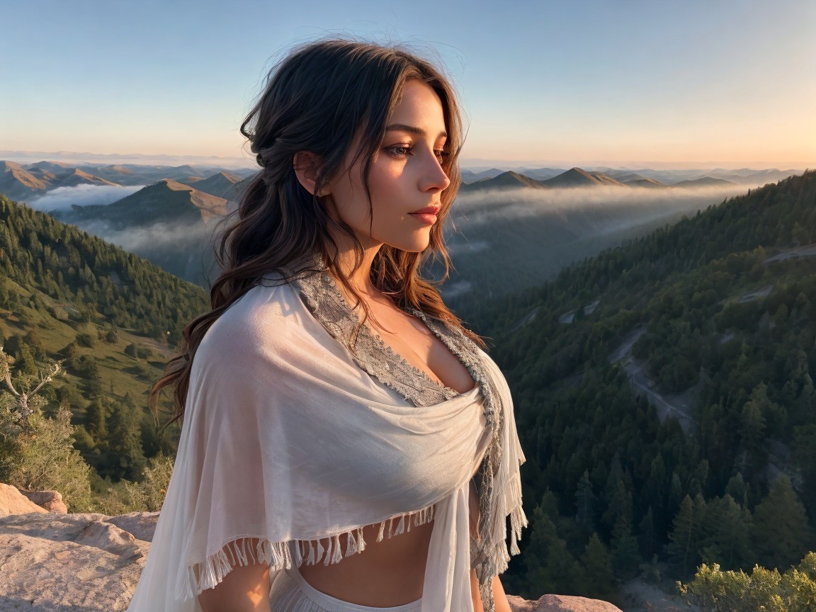 Young Woman at Scenic Overlook During Sunset