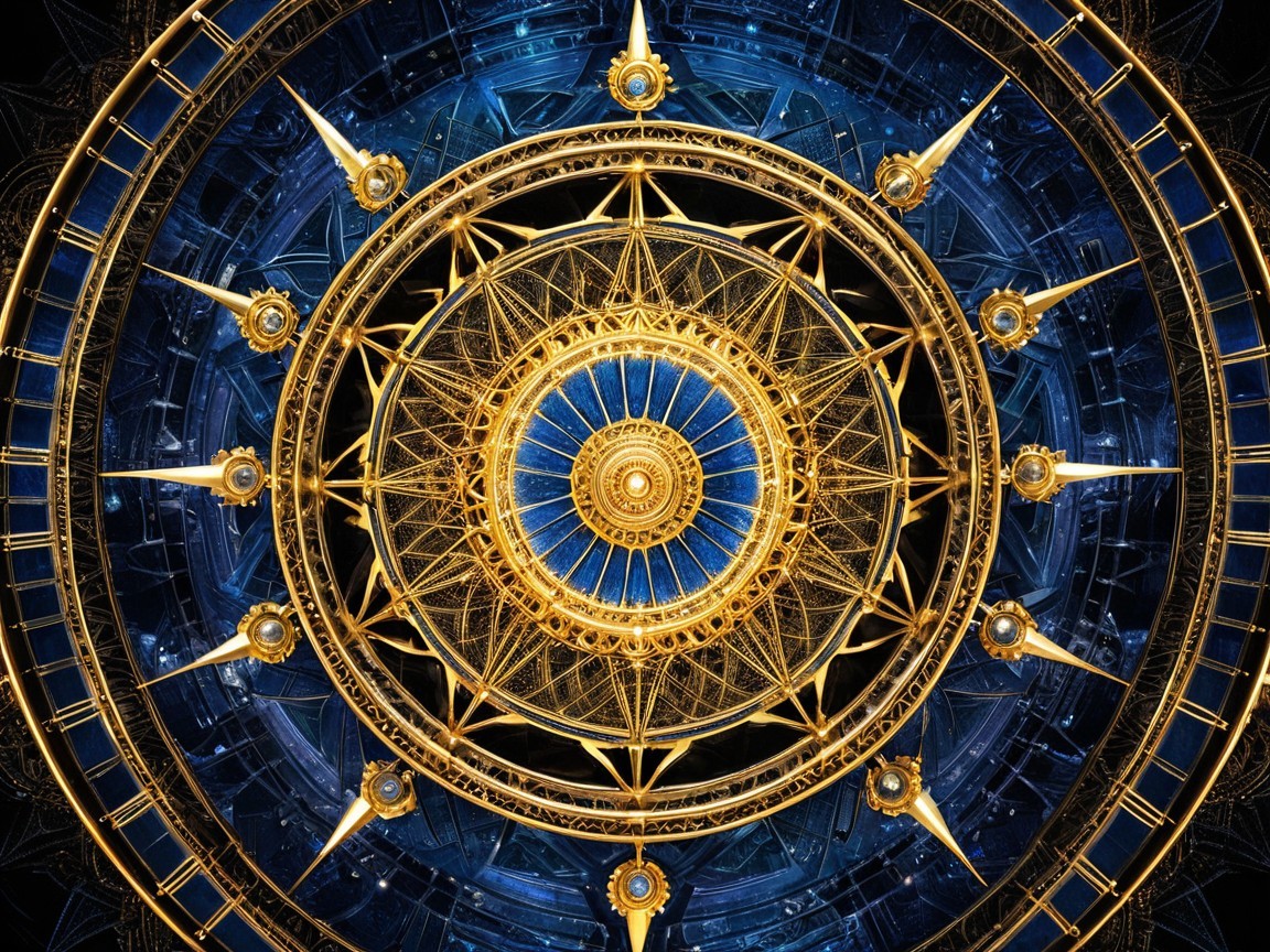 Intricate Ceiling Design with Golden Patterns and Blue Background