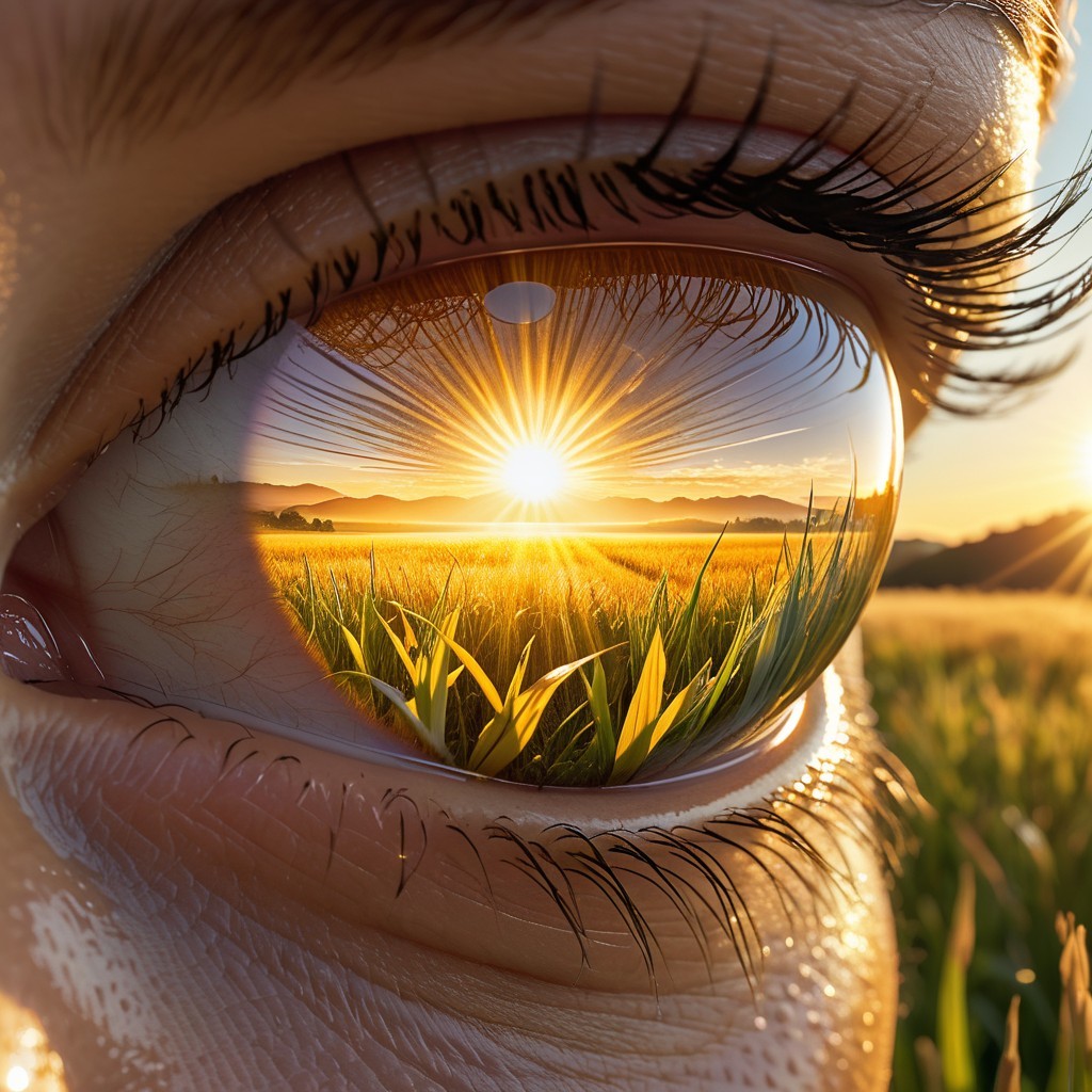Close-up of a human eye reflecting a sunrise scene