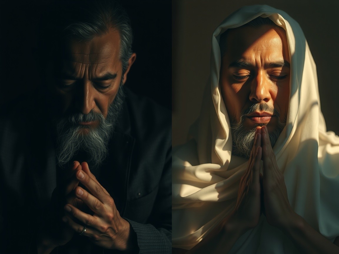 Contrasting Portraits of a Bearded Man in Prayer