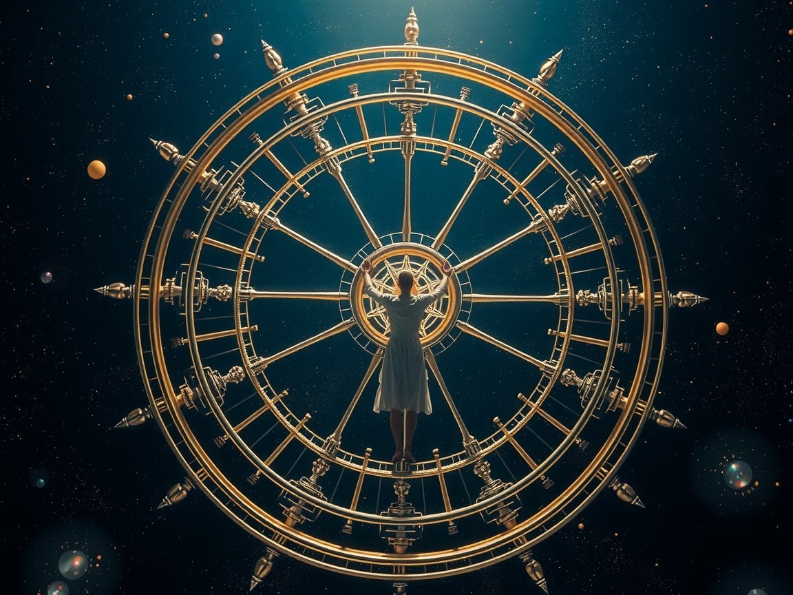 Mysterious Figure and Ornate Golden Clock in Space