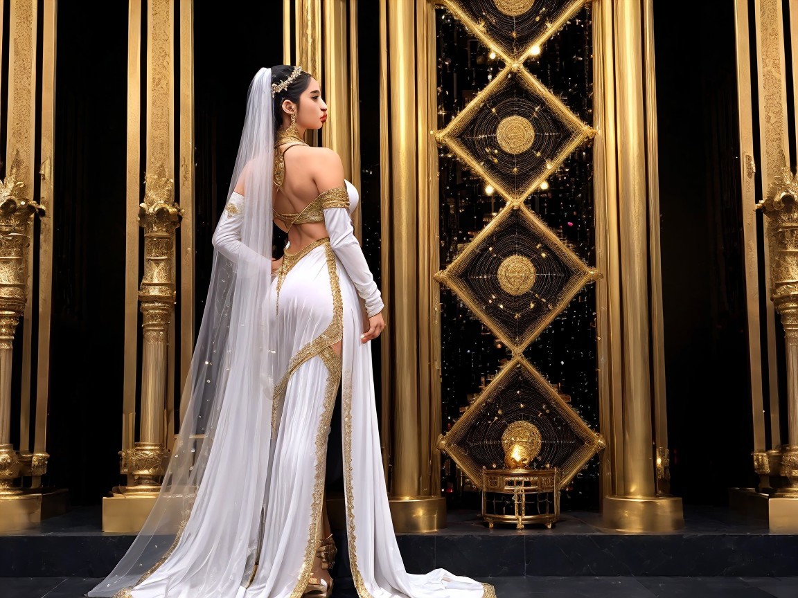 Elegant Woman in White Gown with Golden Details