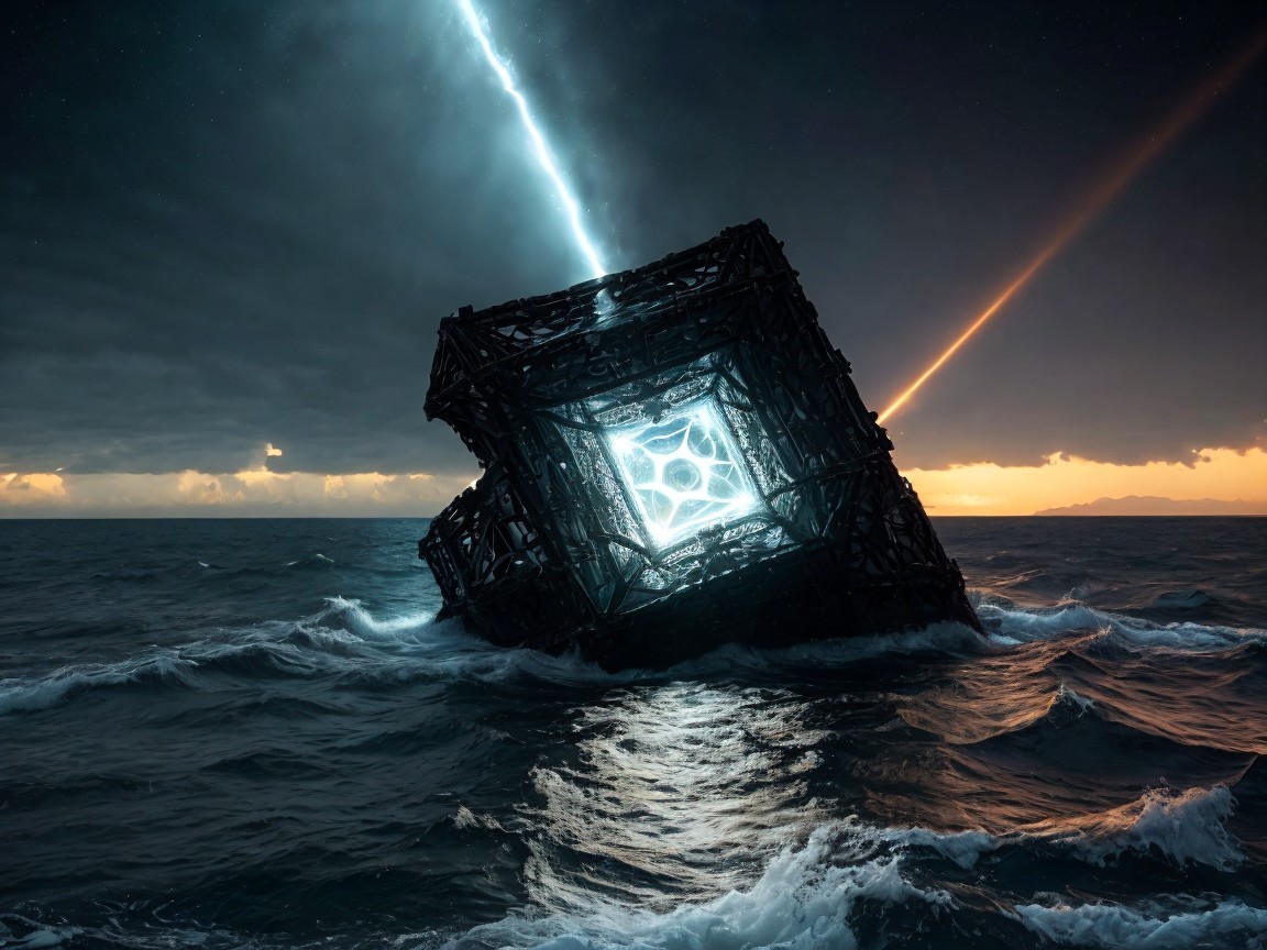 Weathered Cube Emerges from Stormy Ocean Waters