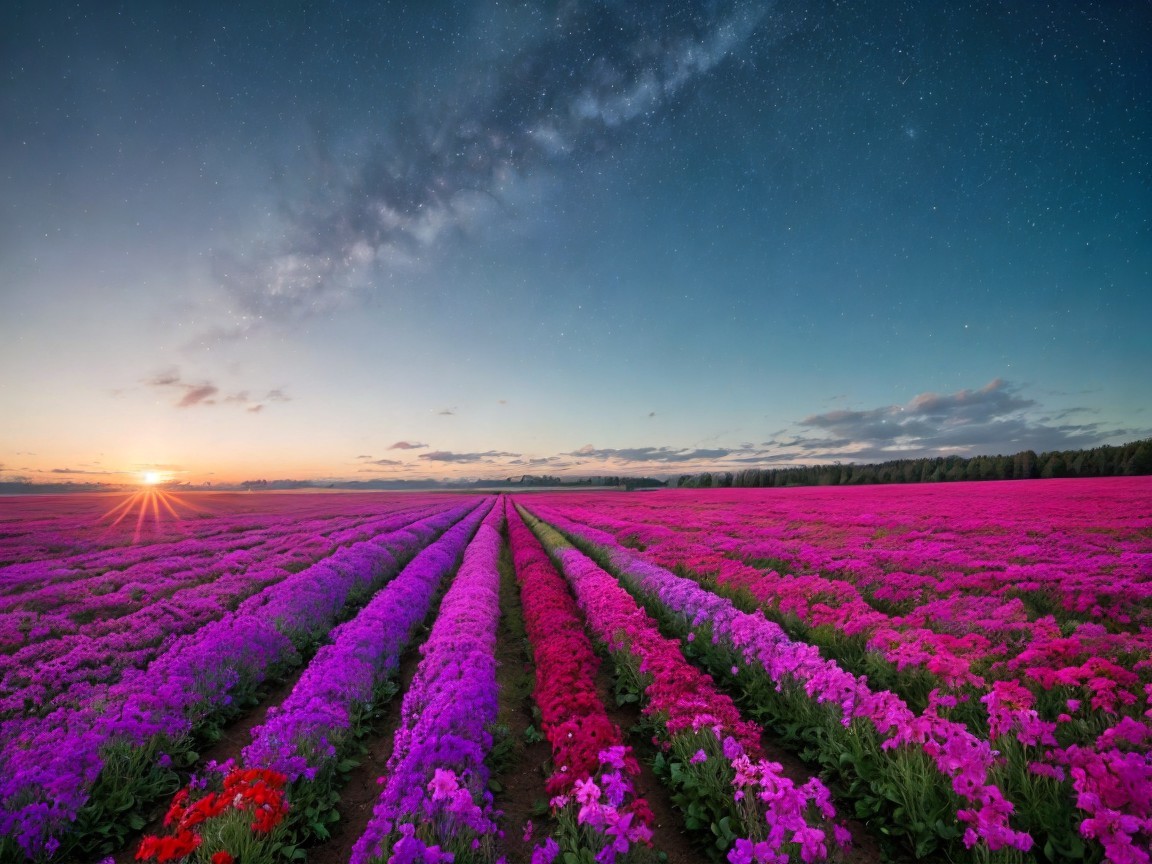 Vibrant Field of Flowers Under Twilight Sky