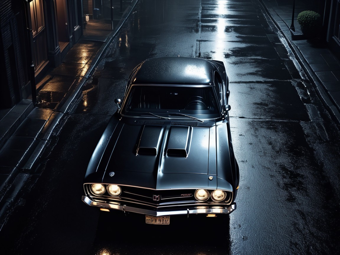 Vintage Muscle Car on Rain-Soaked Urban Street