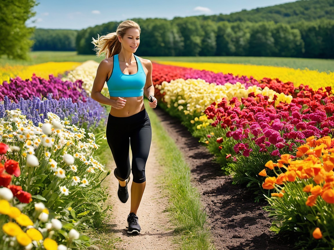 Blonde Woman Running Through Colorful Flower Field