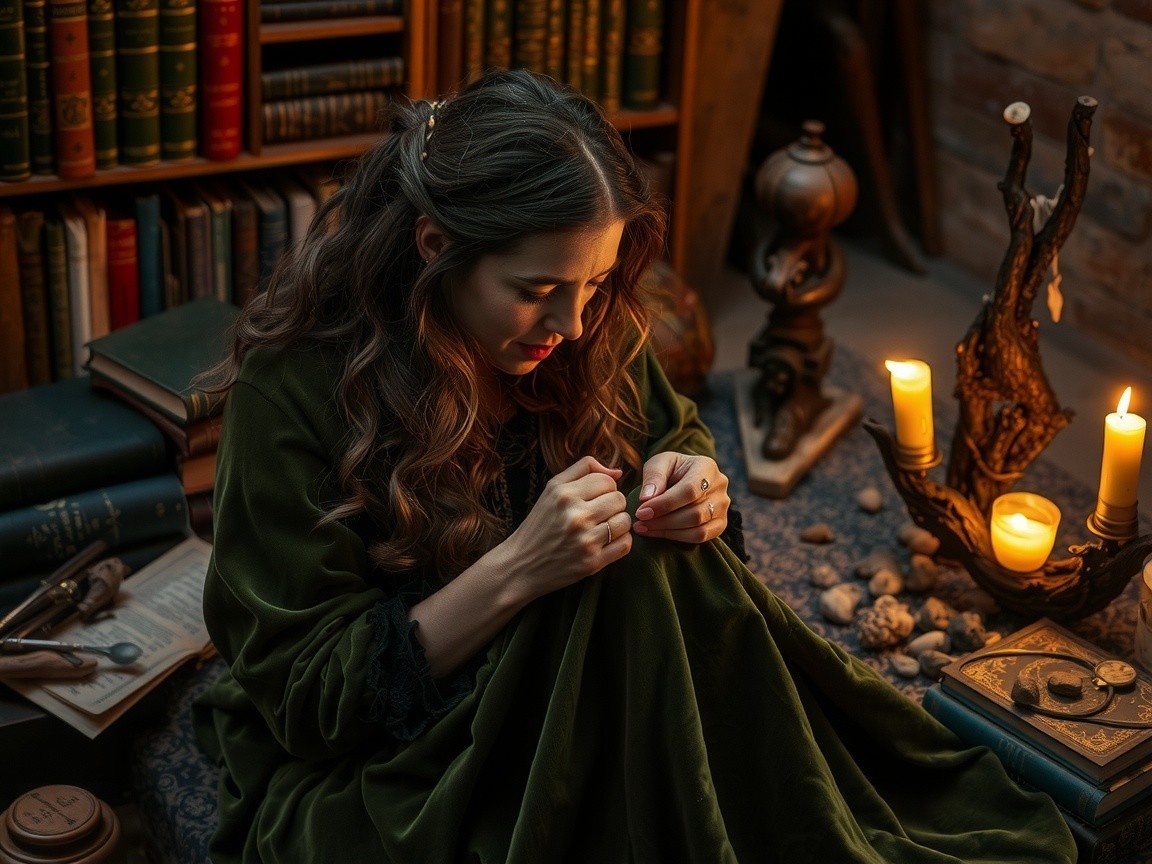 Young Woman Sewing in Cozy Vintage Room