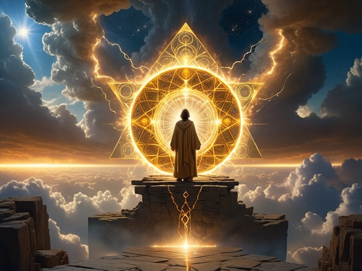 Cloaked Figure by Glowing Geometric Portal in Clouds