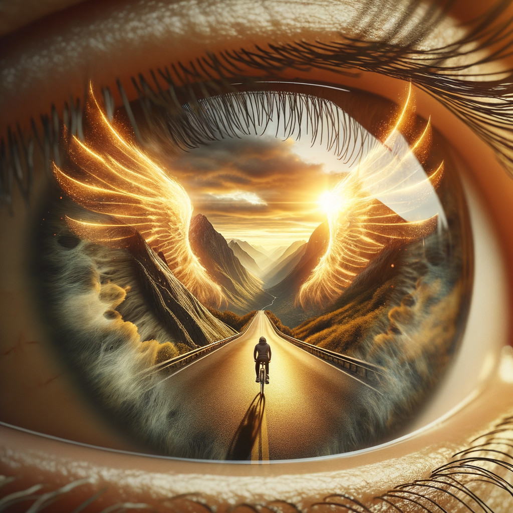 Cyclist on Winding Road Inside Human Eye with Mountains