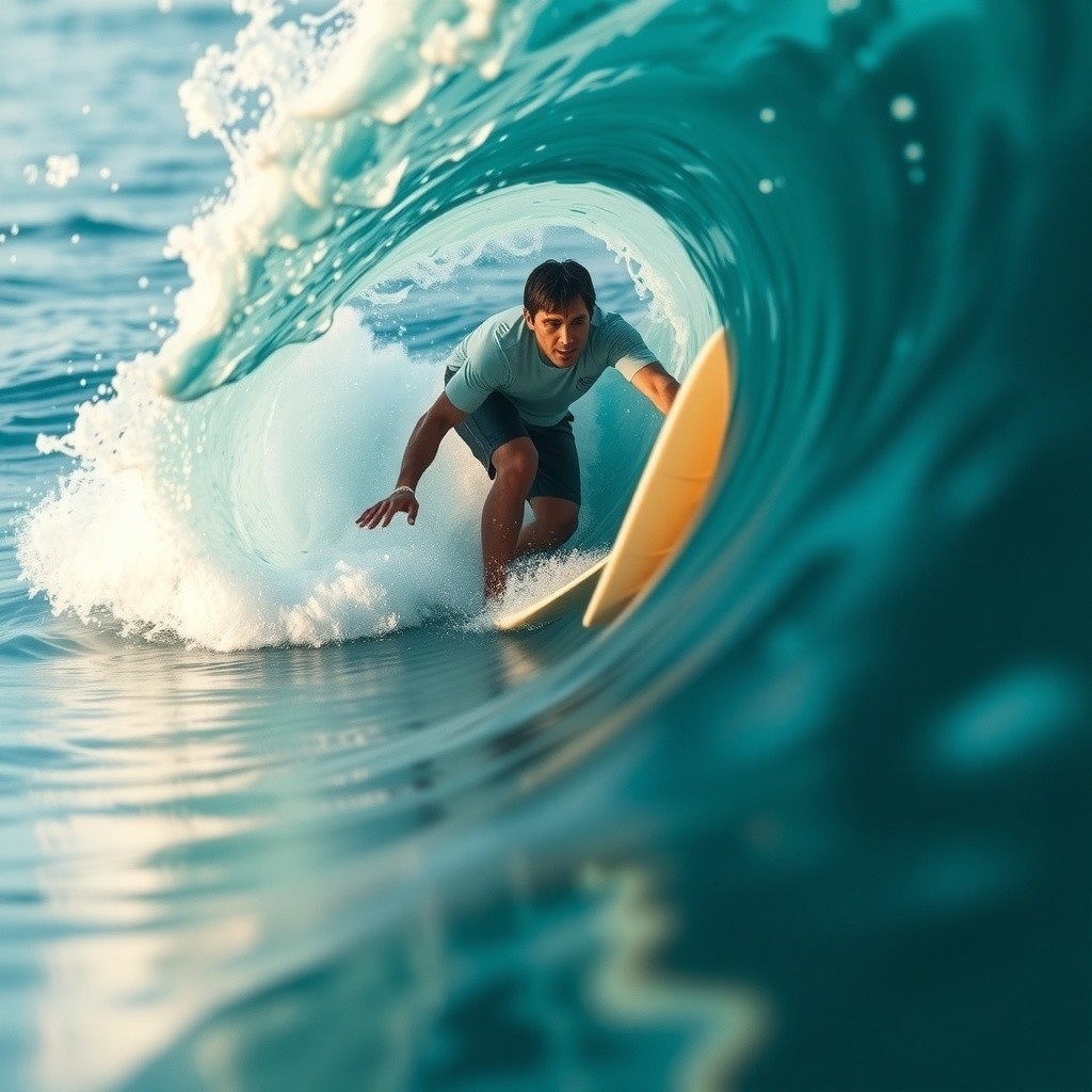 Surfer Riding Inside a Powerful Turquoise Wave