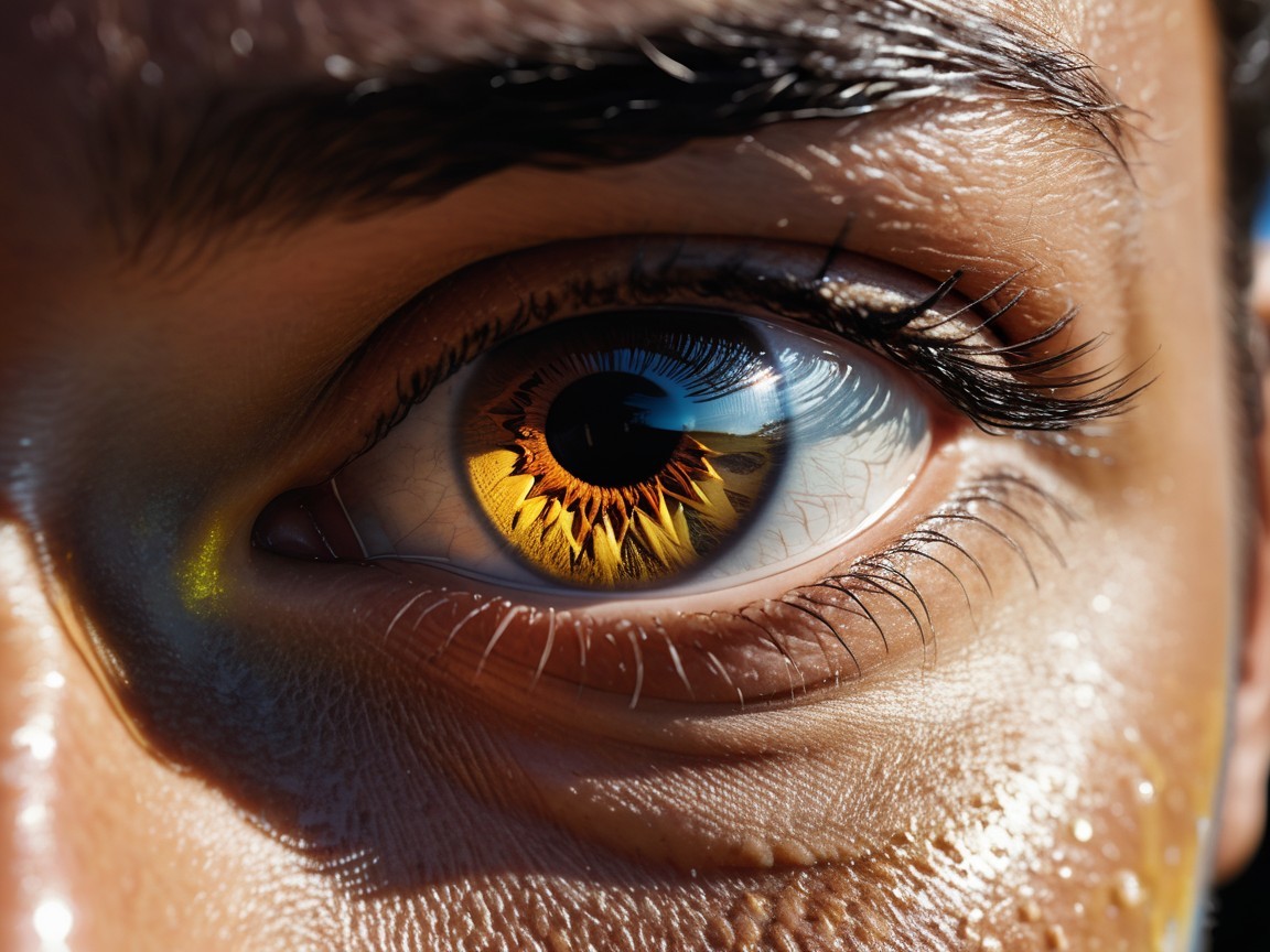 Close-up of an eye with sunflower-patterned iris