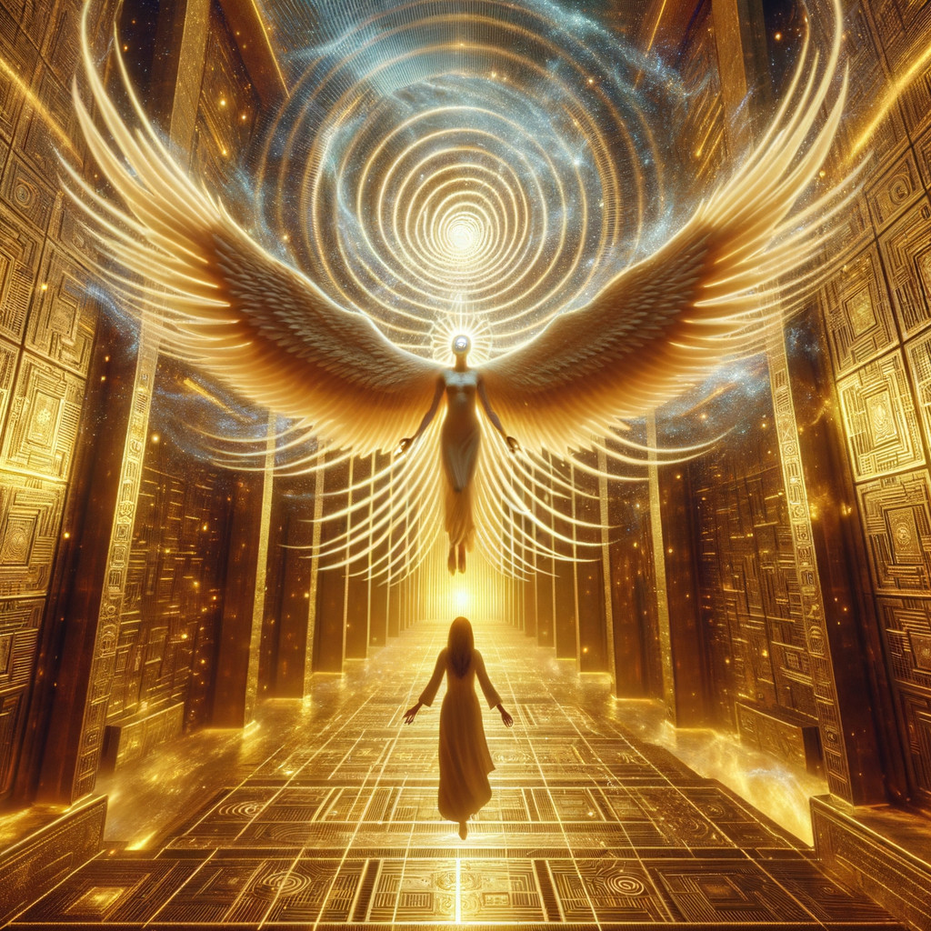 Angel with Golden Wings in Mystical Cosmic Space
