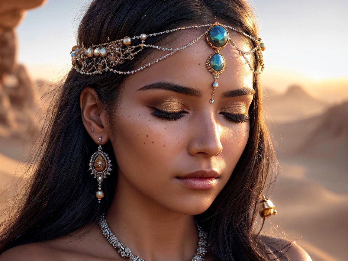 Serene Woman in Desert with Ornate Headpiece