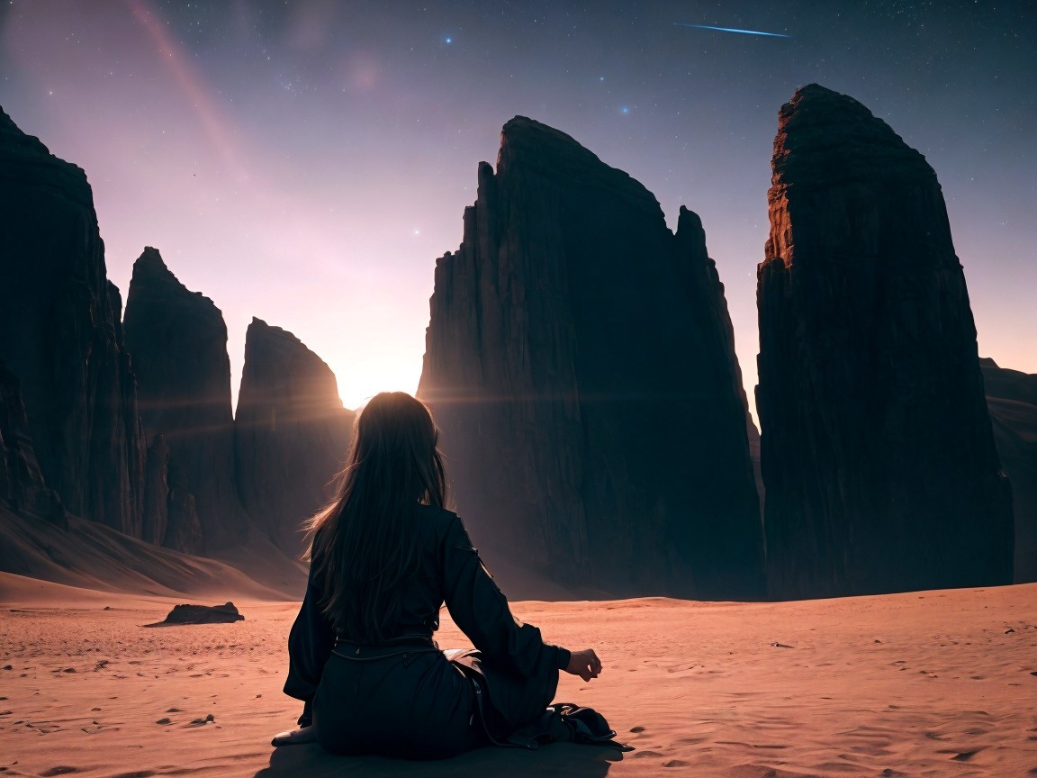 Serene Desert Scene with Sunset and Starry Sky