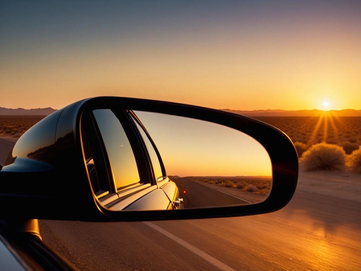 Car Side Mirror Reflecting Sunset Over Desert Road