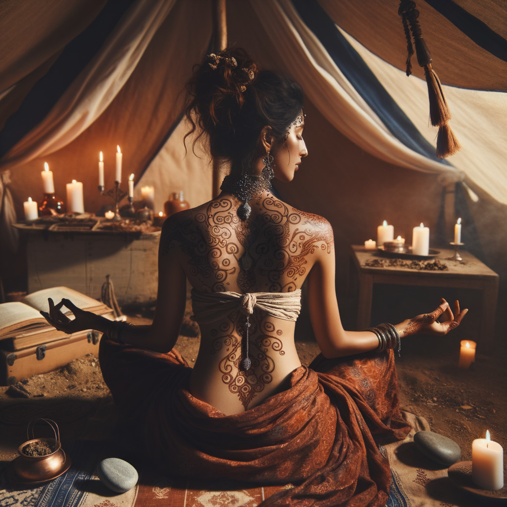 Serene Woman in Tent with Henna and Candles