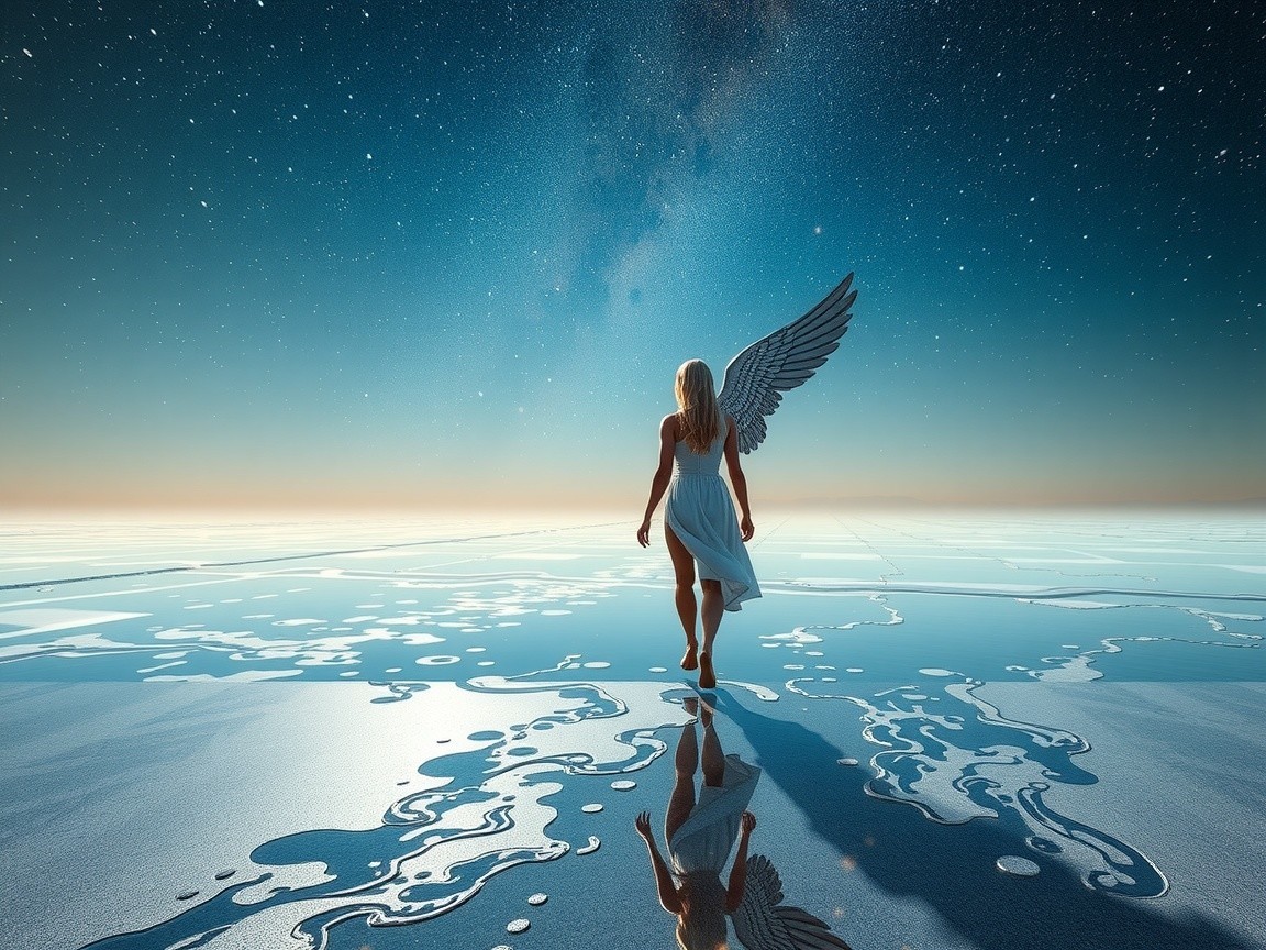 Figure with Large Wing by Serene Reflective Surface