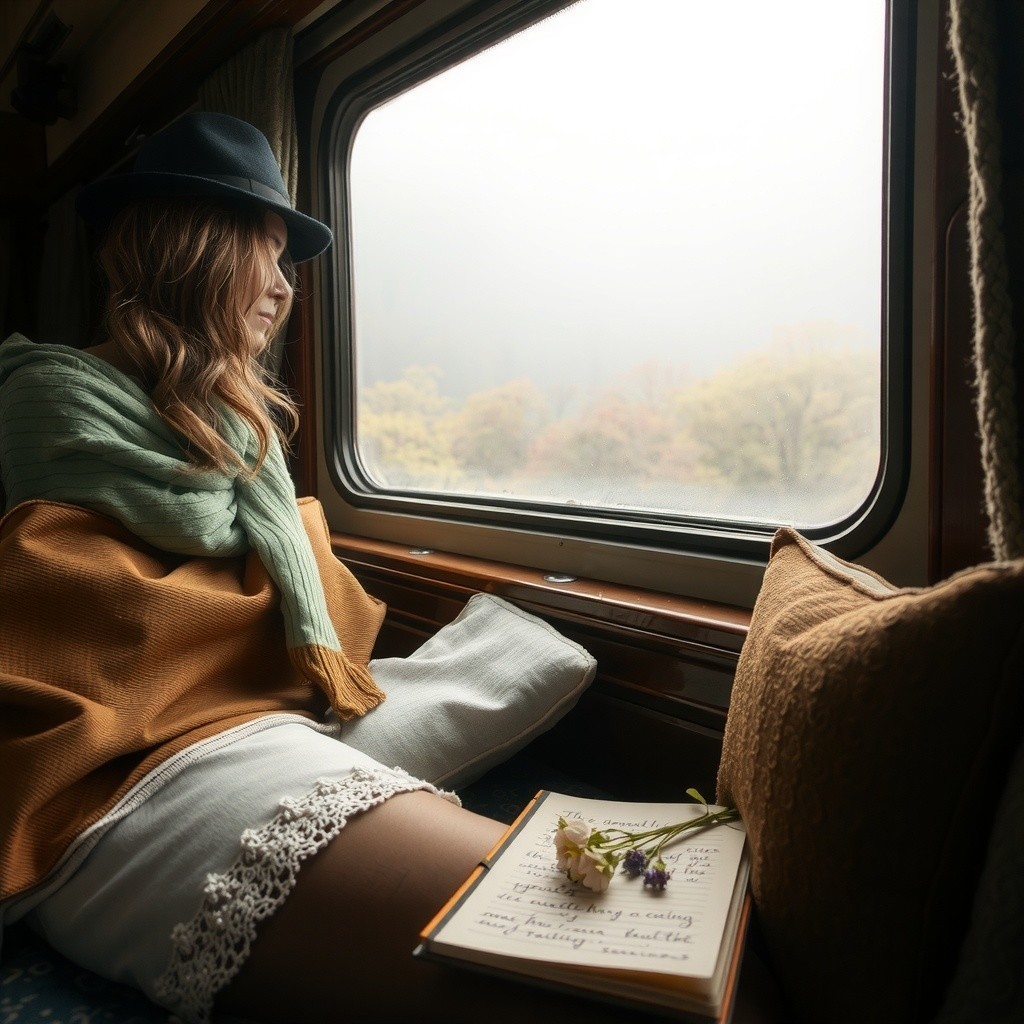 Woman in vintage train with misty landscape view