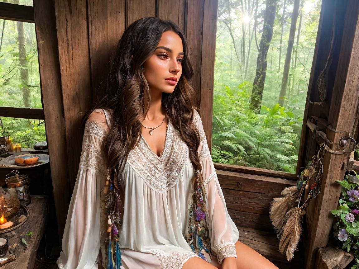 Woman in flowing dress amid rustic greenery setting