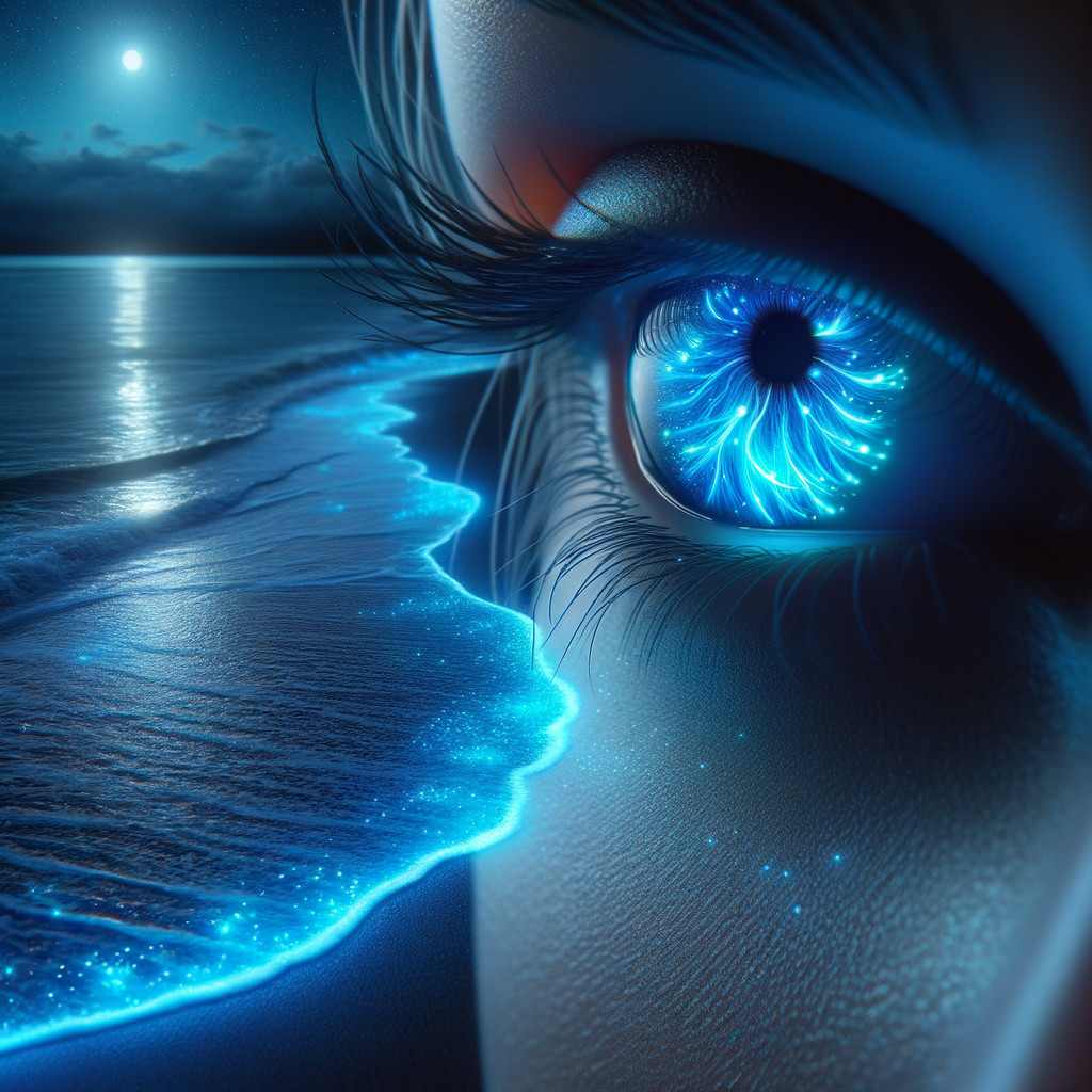 Close-Up of Eye with Galaxy Iris and Ocean Reflection