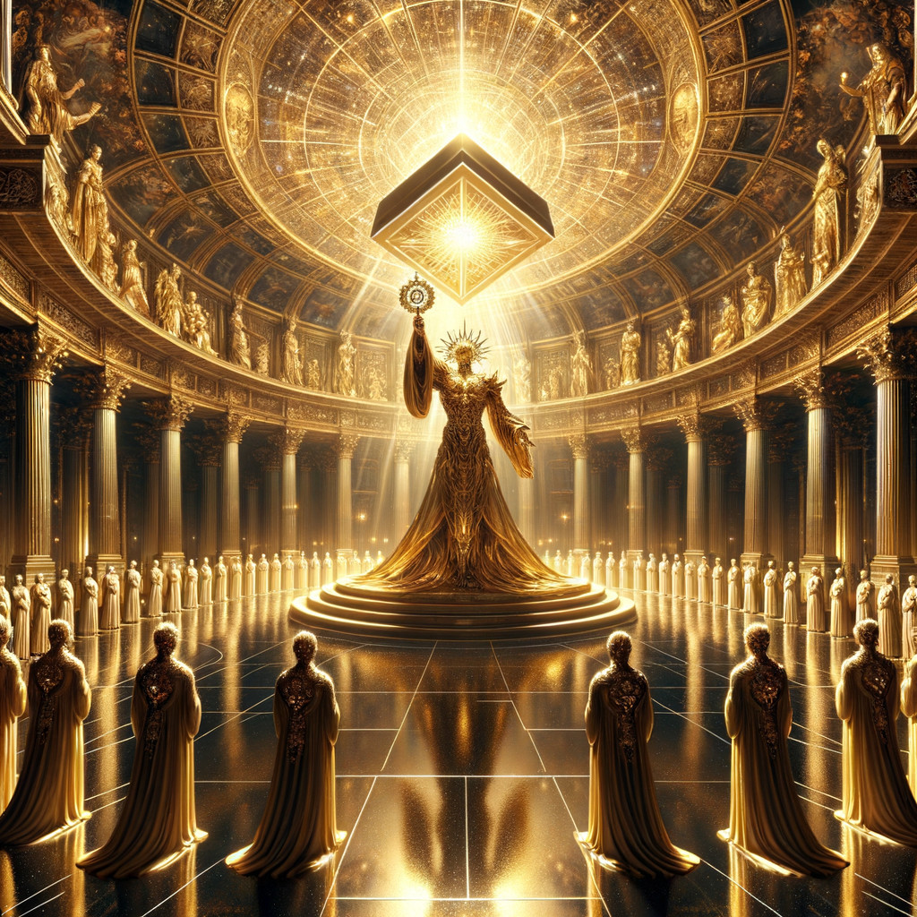 Grand hall with golden light and majestic figure