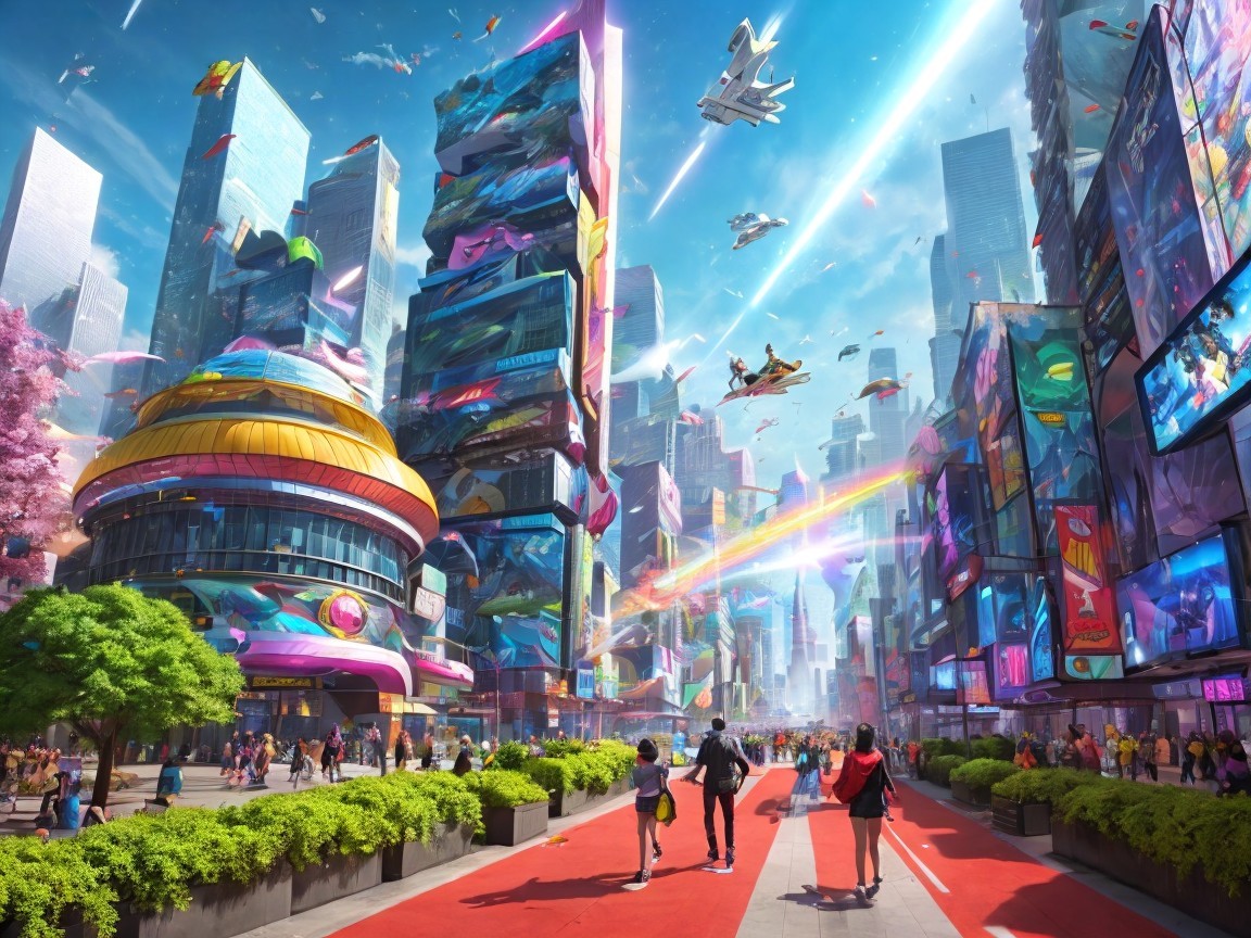 Futuristic cityscape with skyscrapers and hover vehicles