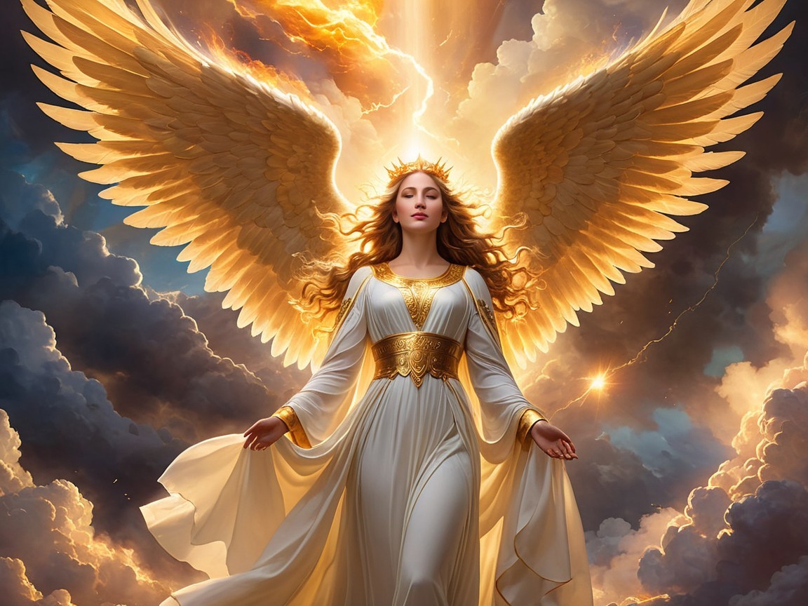 Majestic Figure with Golden Wings Against Dramatic Clouds