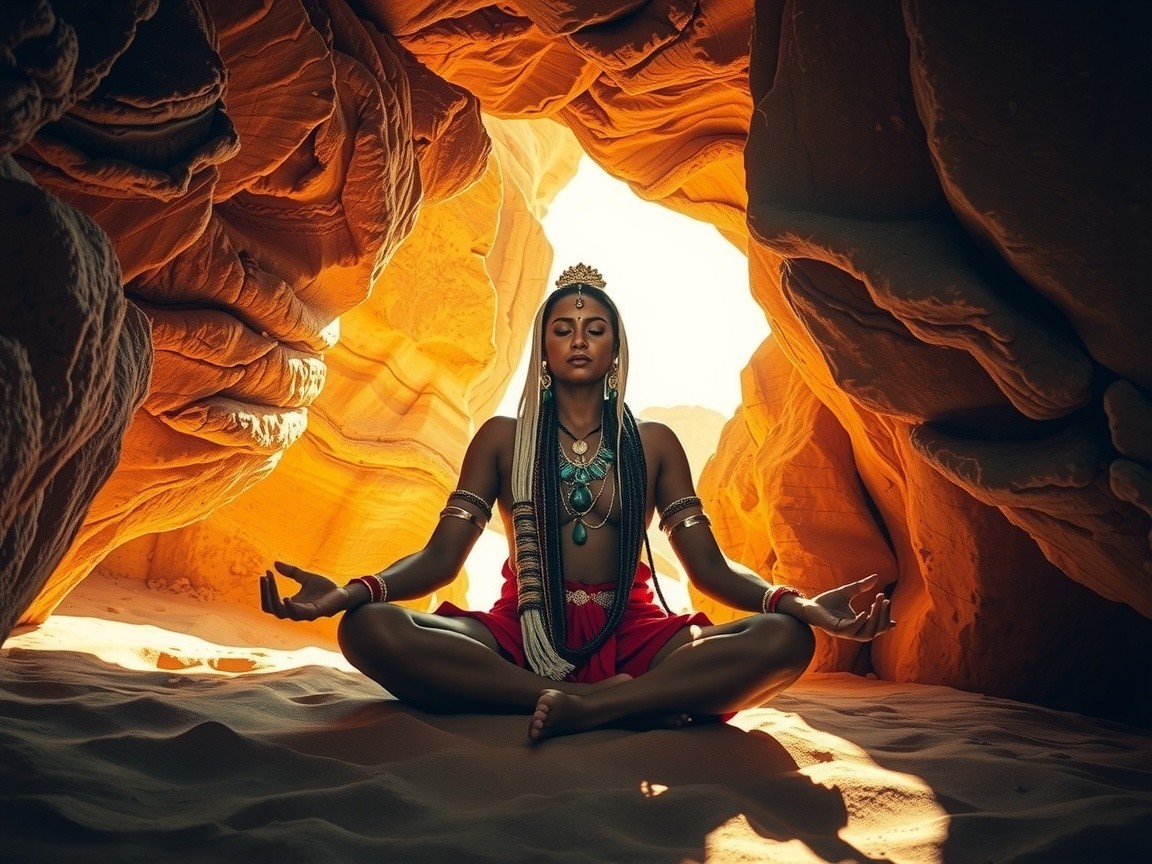 Serene figure in vibrant desert landscape with sunlight