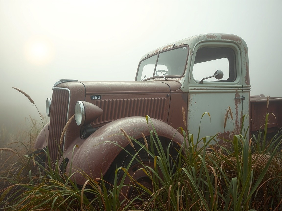 Old Rusted Pickup Truck in Foggy Grass Landscape